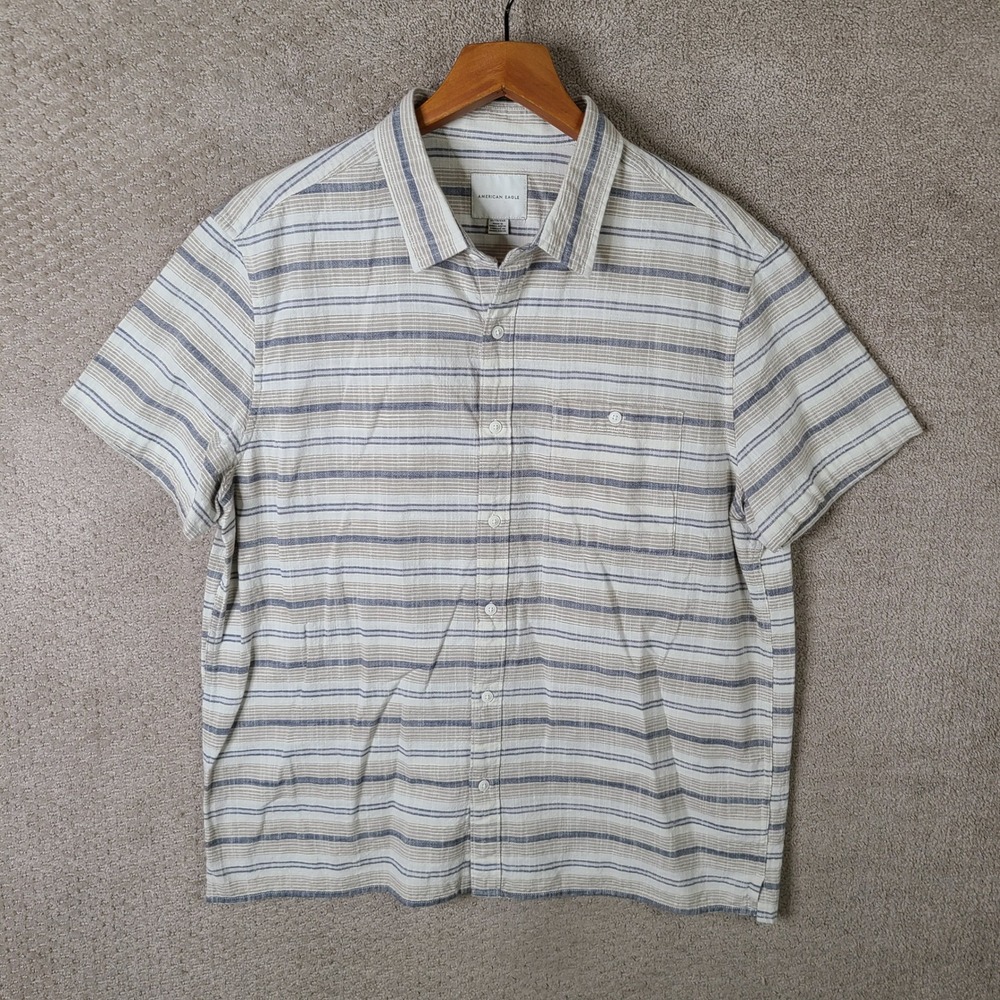 American Eagle Shirt Mens XL Beige Blue Striped Short‎ Sleeve Button Up Cotton